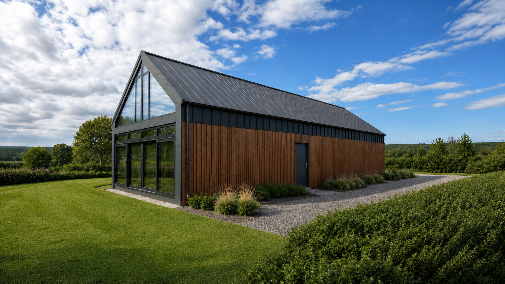 modułowy_jednorodzinny_brąz_długi_dach_czarna_blacha